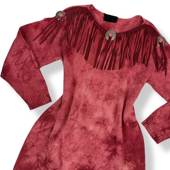 Vintage Sweaters - Vintage cowgirl western red cotton tie-dyed fringe sweater dress